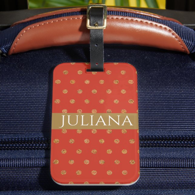 Red and Gold Polka Dots Personalized Luggage Tag (Front Insitu 2)