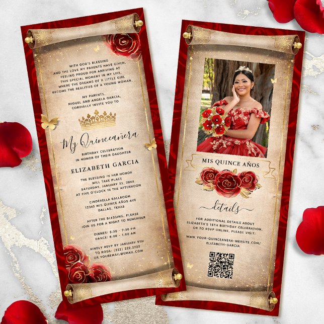 Red and Gold Quinceanera Scroll Invitation Card (Elegant red and gold quinceanera scroll invitation cards for your fairytale birthday party.)