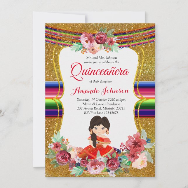 Red and Gold Quinceañera Spanish Birthday Invitation (Front)
