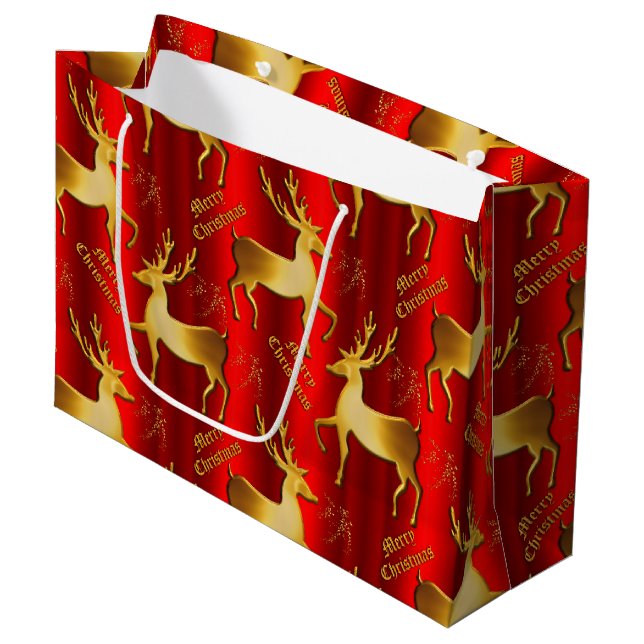 Red and Gold Reindeer Elegant Christmas Large Gift Bag (Front Angled)