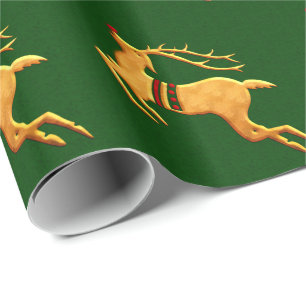 Red and Gold Reindeer on Green Damask Wrapping Paper