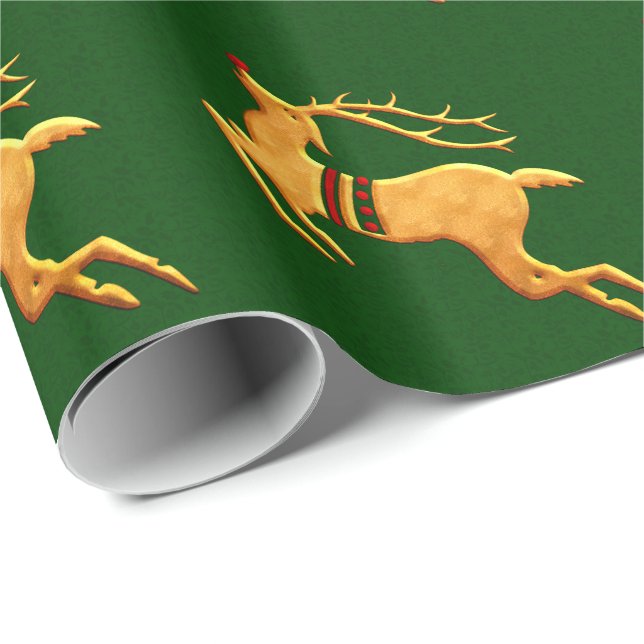 Red and Gold Reindeer on Green Damask Wrapping Paper (Roll Corner)