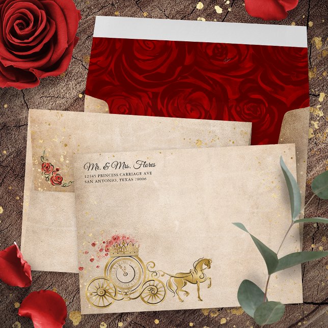 Red and Gold Rose Princess Carriage Return Address Envelope (Parchment red and gold horse drawn princess carriage envelopes for an elegant fairy tale touch.)