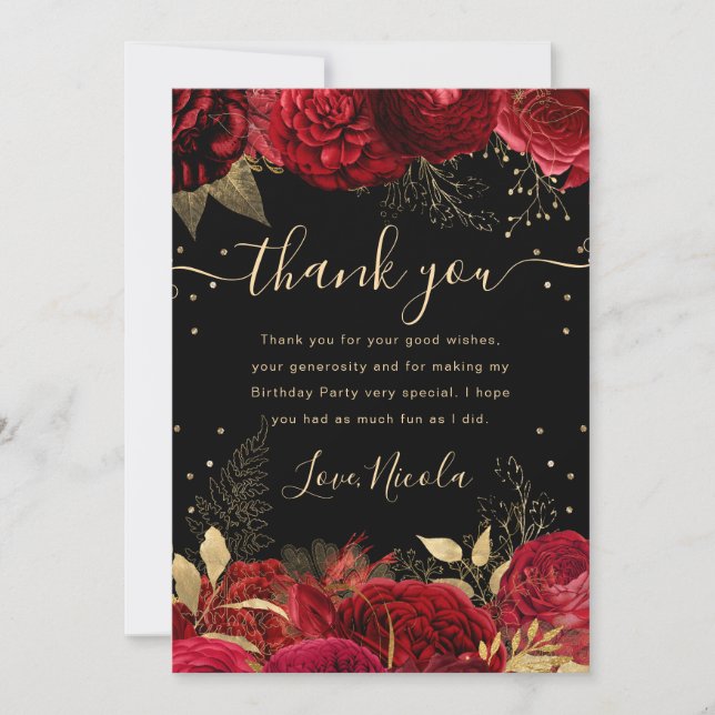 Red and Gold Roses Border Floral Birthday Thank You Card (Front)
