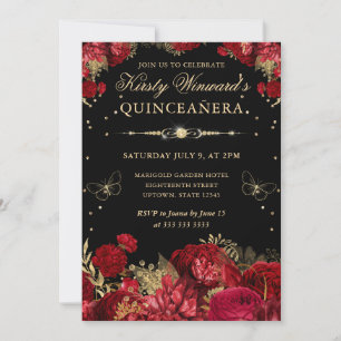Red and Gold Roses Border Floral Quinceanera Invitation