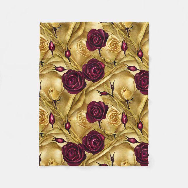 Red and Gold Roses Fleece Blanket (Front)
