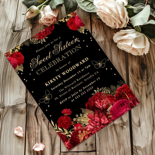 Red and Gold Roses Floral Sweet Sixteen Invitat Invitation (Creator Uploaded)