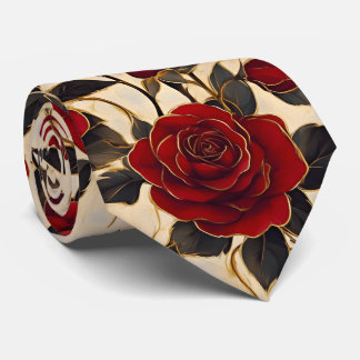 Red and Gold Roses On Creamy Background Tie