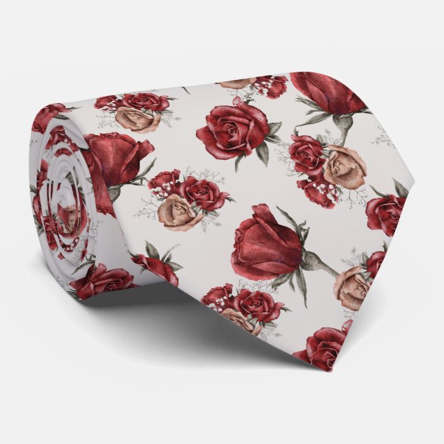 Red and Gold Roses On White Tie (Rolled)