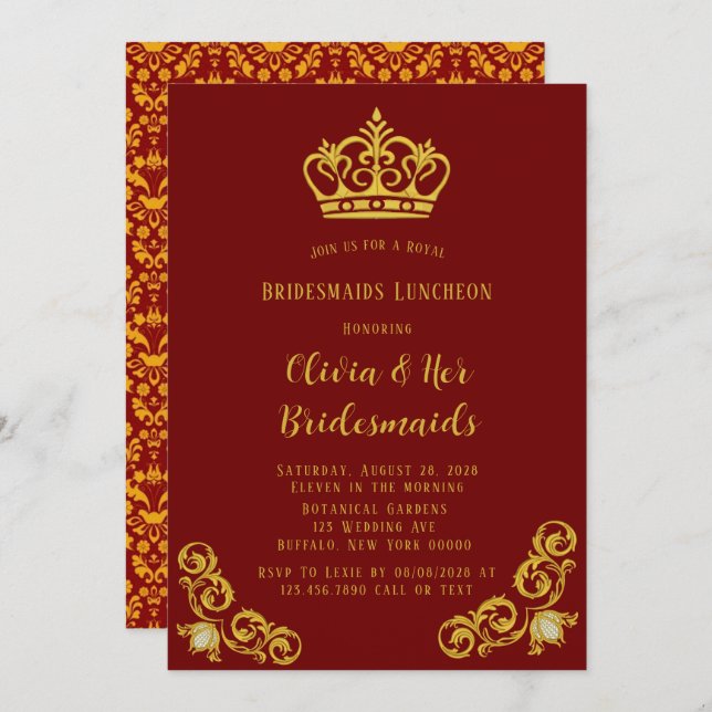 Red and Gold Royal Bridesmaids Luncheon Invitation (Front/Back)