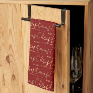 Red and Gold Script Merry Christmas Happy New Year Kitchen Towel