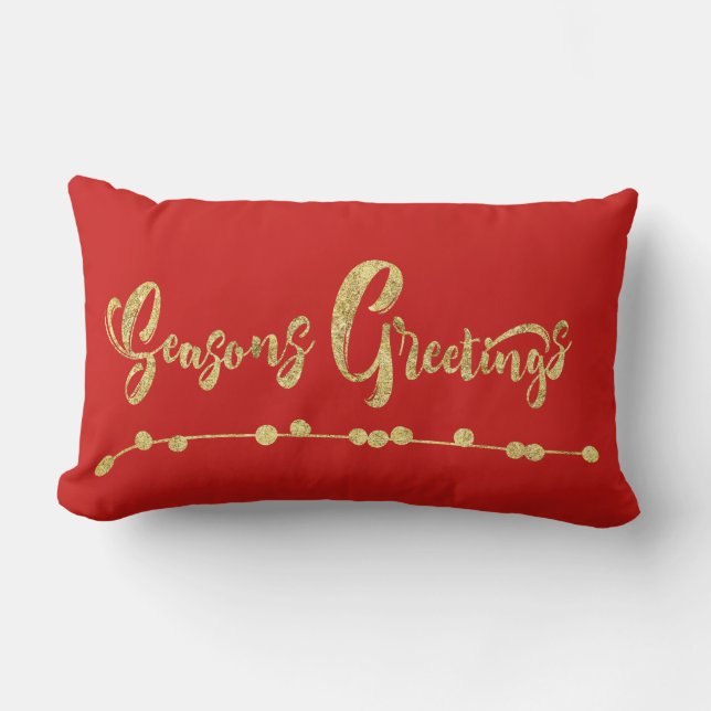 Red and Gold Seasons Greetings Christmas Pillow (Front)