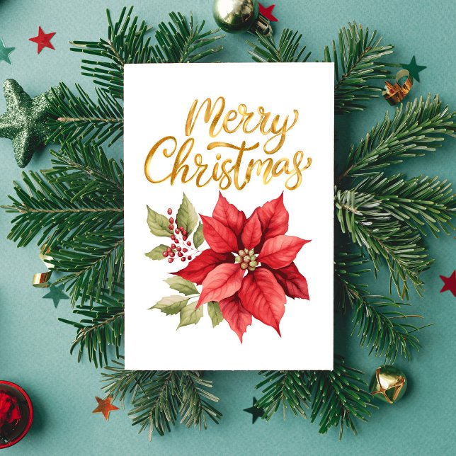 Red and Gold Simple Classic Poinsettia Holiday Card (Creator Uploaded)