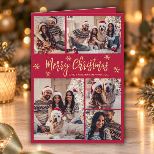 Red and Gold Snowflake 6 Photo Collage Christmas  Holiday Card