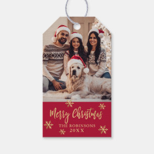 Red and Gold Snowflake Family Photo Christmas  Gift Tags