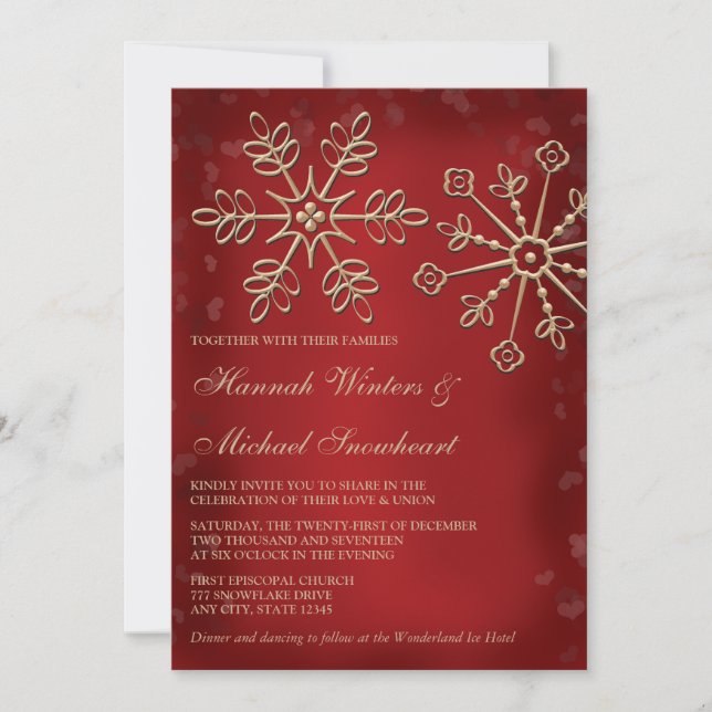Red and Gold Snowflake Wedding Invitations (Front)