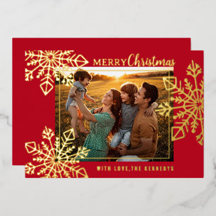 Red And Gold Snowflakes Merry Christmas Photo Foil Holiday Card