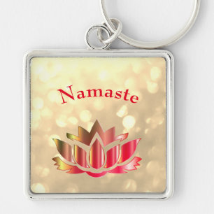 Red and Gold sparkle Namaste Lotus Flower Keychain