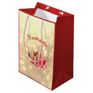 Red and Gold sparkle Namaste Lotus Flower Medium Gift Bag