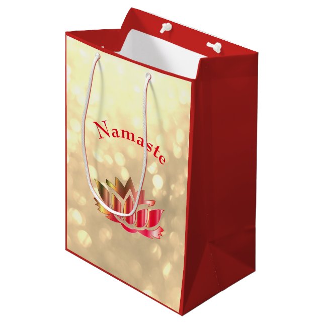 Red and Gold sparkle Namaste Lotus Flower Medium Gift Bag (Front Angled)