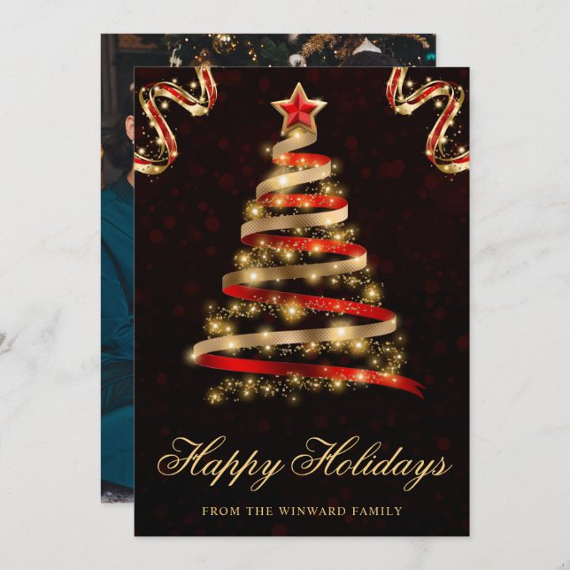 Red and Gold Sparkly Ribbon Tree Christmas Holiday Card (Front/Back)