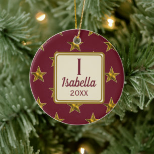 Red and Gold Star Monogram Initial Christmas Ceramic Ornament