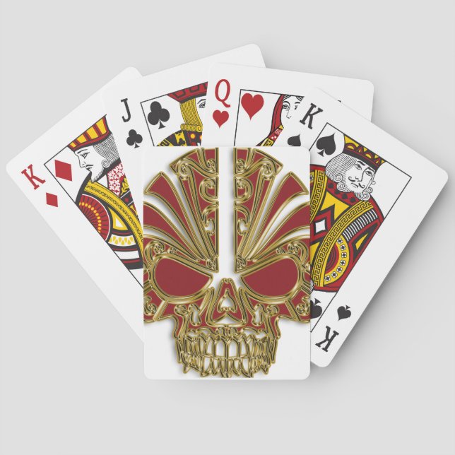 Red and gold sugar skull cranium playing cards (Back)