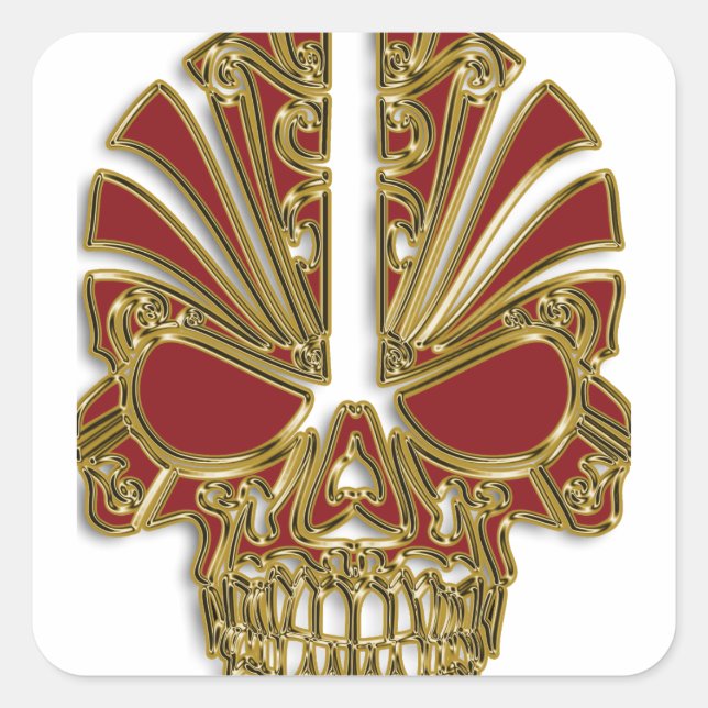 Red and gold sugar skull cranium square sticker (Front)