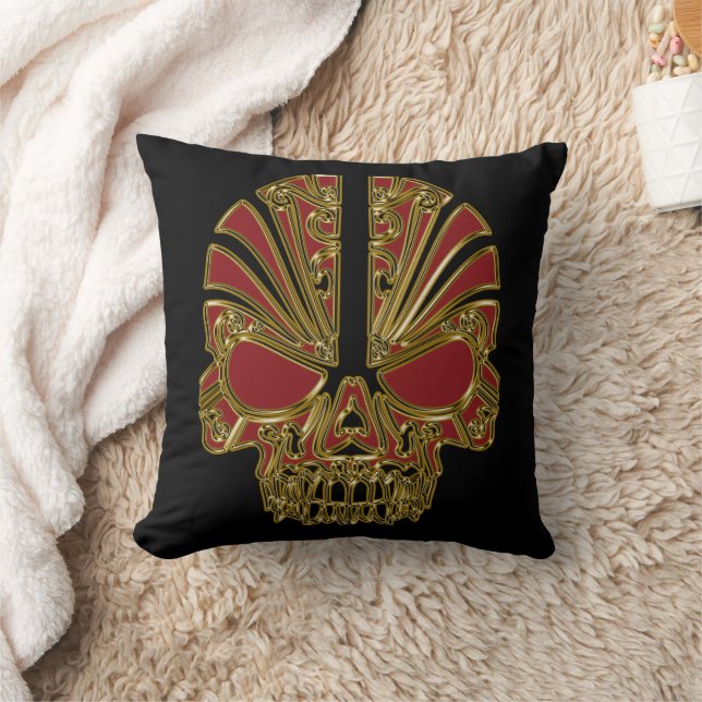 Red and gold sugar skull cranium throw pillow (Blanket)