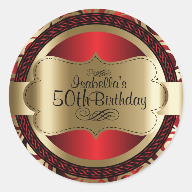 Red and Gold Swirl Abstract 00th Birthday Classic Round Sticker (Front)