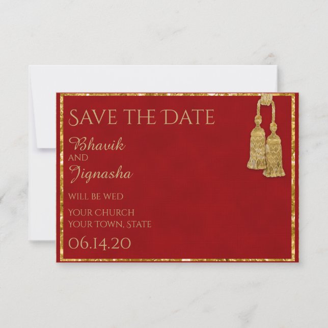 Red and Gold Tassel Indian Wedding Save the Date (Front)