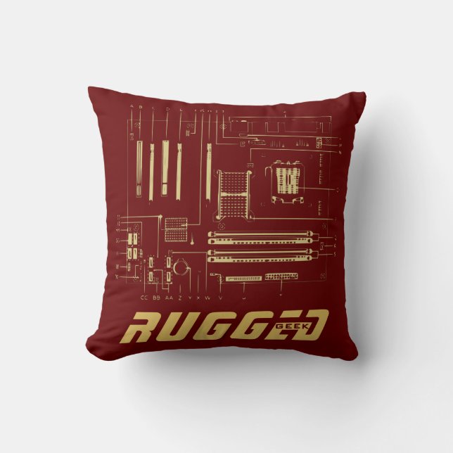 red and gold Tech | Motherboard | Circuit Board Throw Pillow (Front)