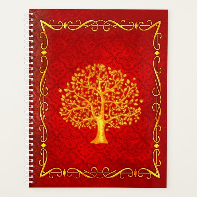 Red and Gold Tree Faux Leather Ancient Tome Planner (Front)