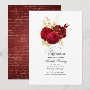 Red and Gold Vintage Rose Quinceañera Invitation