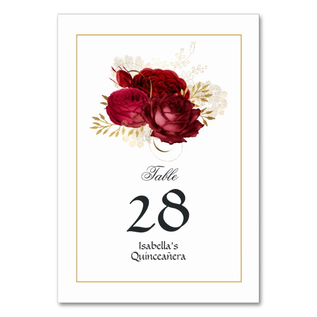 Red and Gold Vintage Rose Quinceañera Table Number (Front)