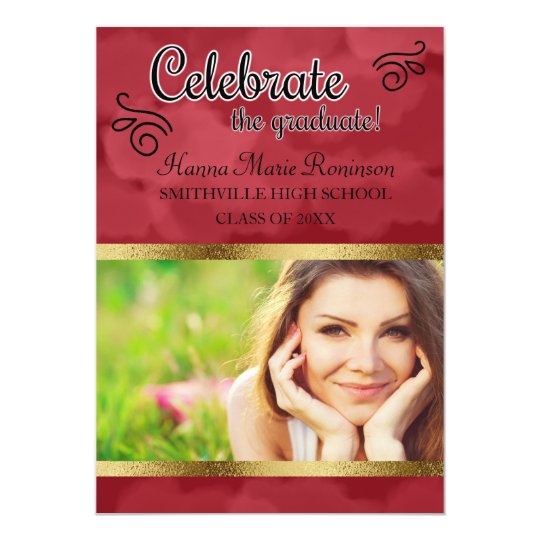 Red and Gold Watercolor Photo Graduation Party Card