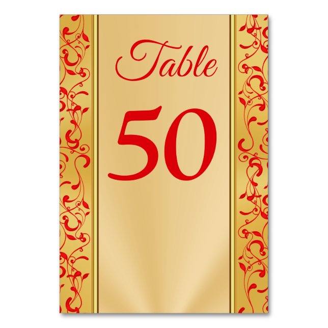 Red and Gold Wedding Table Number Cards Any Number (Front)