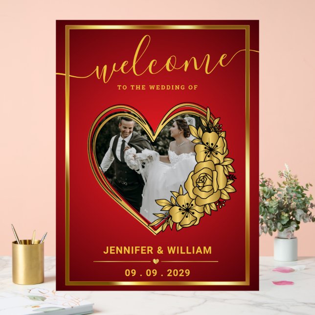 Red And Gold Wedding Theme Photo In Heart-shaped Acrylic Sign (Wedding)