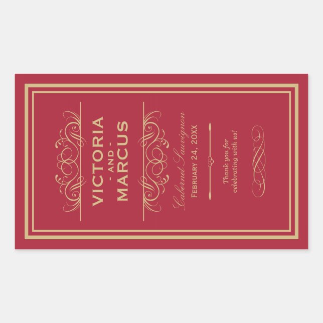 Red and Gold Wedding Wine Bottle Monogram Favour Sticker (Front)