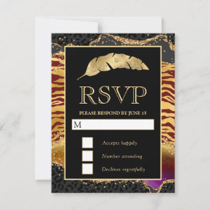 Red and Gold Wild Jungle Glitter Agate Wedding RSVP Card