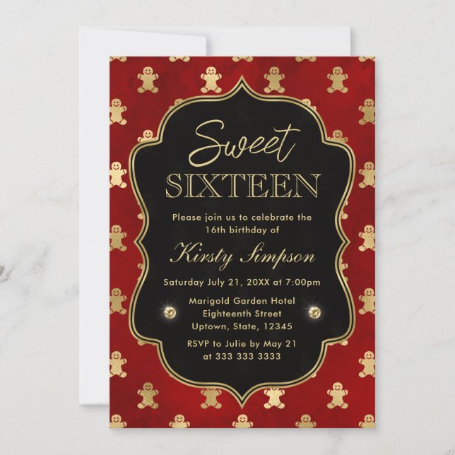 Red and Gold Winter Gingerbread Men Sweet 16 Invitation (Front)