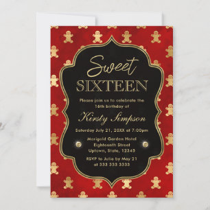 Red and Gold Winter Gingerbread Men Sweet 16 Invitation