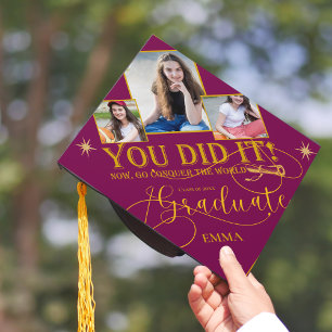 Red and Gold You Did It Class of 2026 Photo Graduation Cap Topper