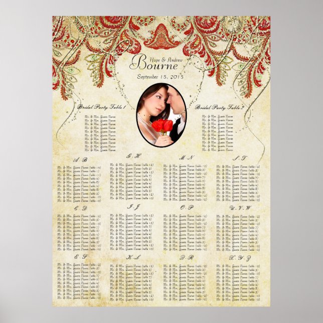 Red and Gold Your Photo Wedding Seating Chart (Front)