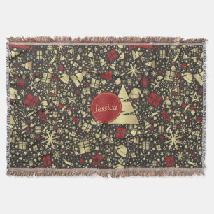 Red and Golden Christmas Tree Snowflakes and Stars Throw Blanket