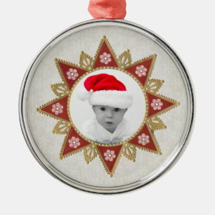 Red And Golden Luxury Circle Shape Frame Snowflake Metal Ornament