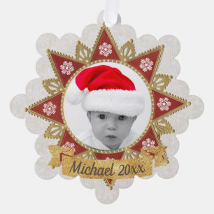 Red And Golden Luxury Circle Shape Frame Snowflake Ornament Card