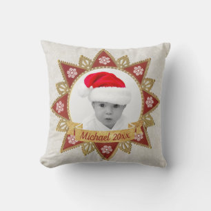 Red And Golden Luxury Circle Shape Frame Snowflake Throw Pillow