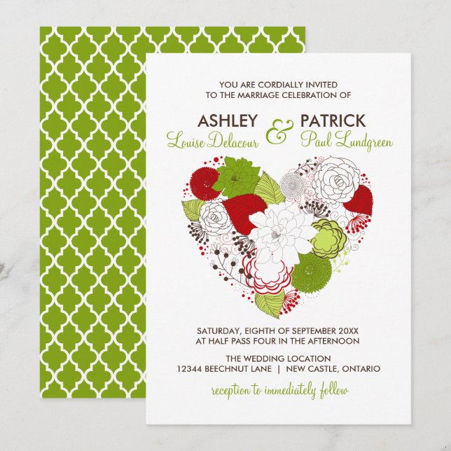 Red and Greed Floral Heart Whimsical Wedding Invitation (Front/Back)