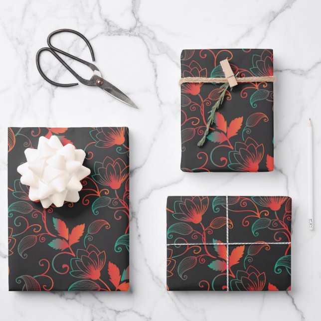 Red and Green Abstract Floral on Black Background Wrapping Paper Sheet (Front)
